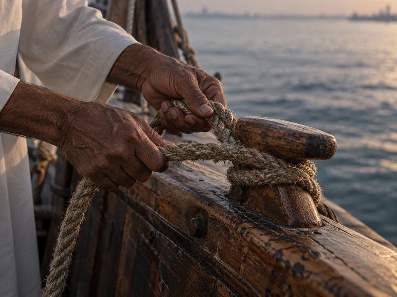 Weathered hands tying a hemp rope around a cleat on a wooden boat in soft dawn light — AI-generated artwork.