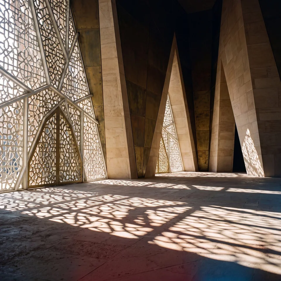 Sunlit lattice screens casting geometric shadows across a tall stone interior — generative artwork.