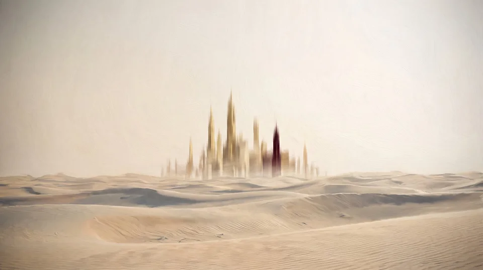 Slender golden towers rising through haze beyond pale desert dunes — generative artwork.