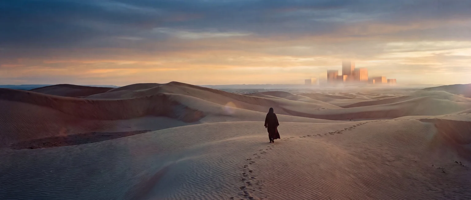 An imagined desert landscape with a lone figure and distant skyline — generative artwork by Syamjith NK