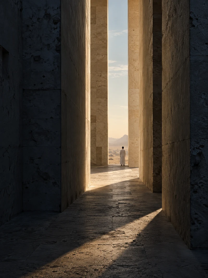 A small white-robed figure in a tall limestone passage crossed by diagonal sunlight — AI-generated artwork.